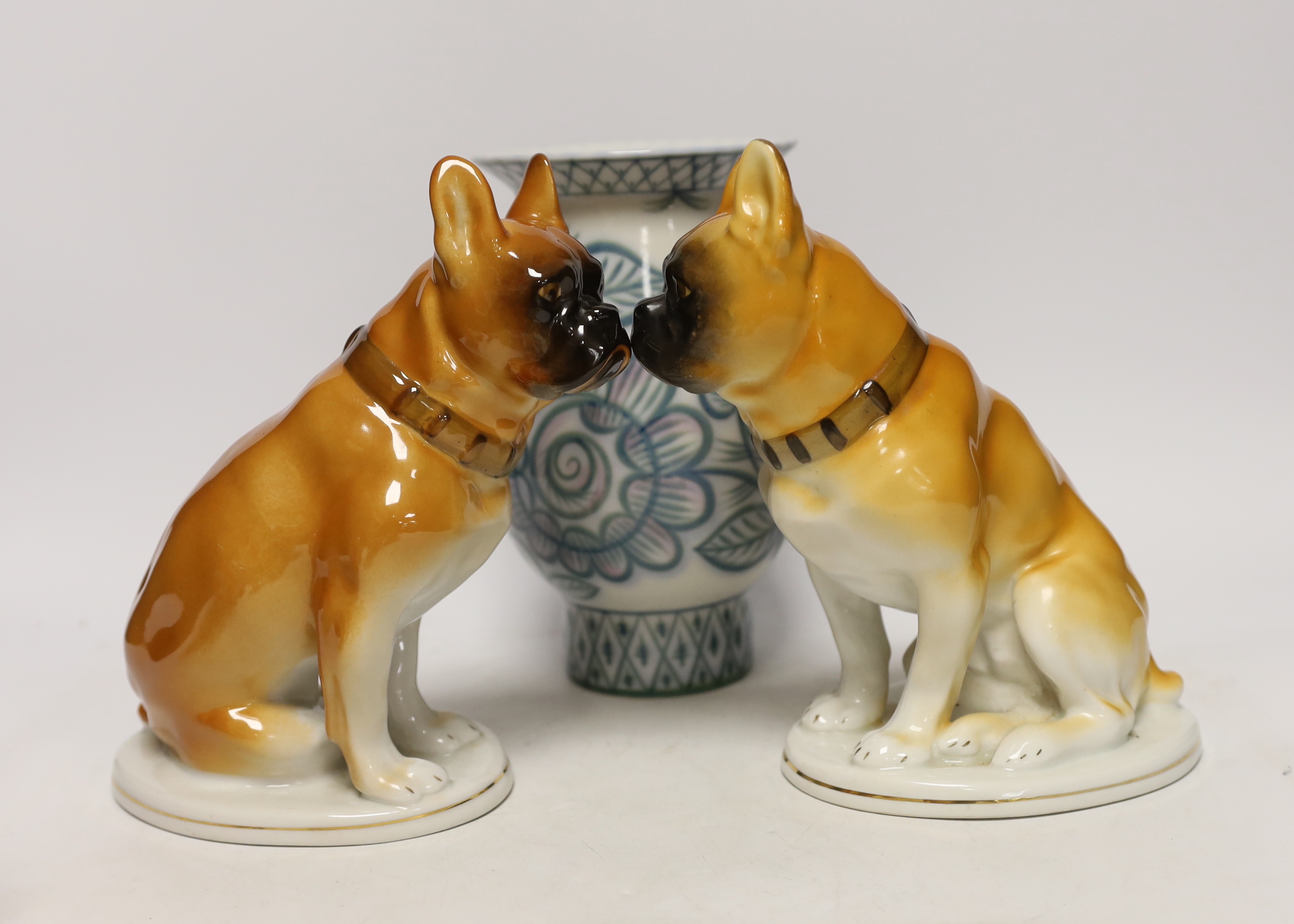 A pair of Russian porcelain models of French bulldogs, a part Chinese (Russian) tea set and a vase